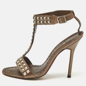 Pre Owned Manolo Blahnik  Brown Leather T Strap Sandals Size 35.5
