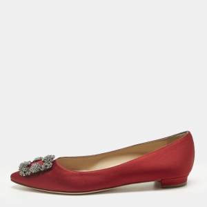 Pre Owned Manolo Blahnik Dark Red Satin Hangisi Ballet Flats Size 38