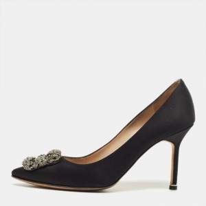 Pre Owned Manolo Blahnik Black Satin Hangisi Crystal Embellished Pumps Size 38.5