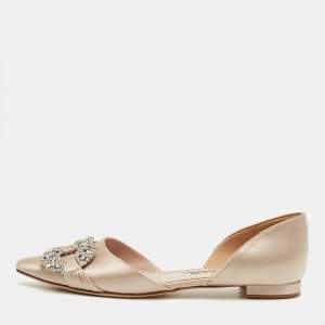 Pre Owned Manolo Blahnik Beige Satin Luanda Crystal Embellish Ballet Flats Size 38