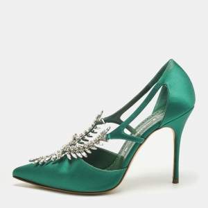 Pre Owned Manolo Blahnik Green Satin Lala Pumps Size 40