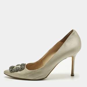 Pre Owned Manolo Blahnik Grey Satin Hangisi Pumps Size 41