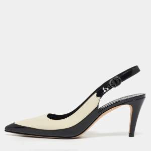 مملوكة مسبقًا Manolo Blahnik Size 42 Black/Cream Leather and Patent Leather Slingback Pumps