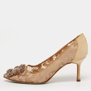 Pre Owned Manolo Blahnik Hangisi Size 36 Beige/Pink Fabric and Lace Crystal Embellished Pumps