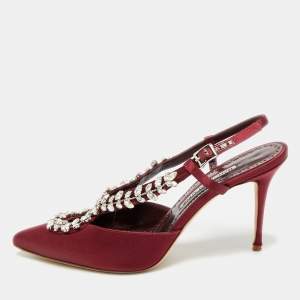 مملوكة مسبقًا Manolo Blahnik Lurum Size 37.5 Burgundy Satin Crystal Embellished Pumps