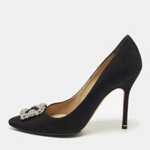 Pre Owned Manolo Blahnik Hangisi Size 42 Black Metallic Lurex Fabric Crystal Embellished Pumps