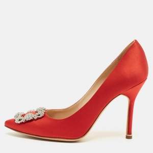 Pre Owned Manolo Blahnik Hangisi Size 38.5 Red Satin Pumps