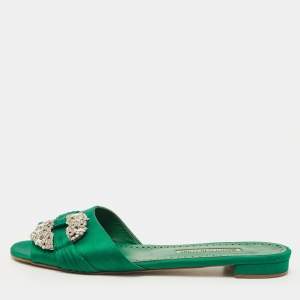 مملوكة مسبقًا Manolo Blahnik Size 40.5 Green Satin Flat Slides 