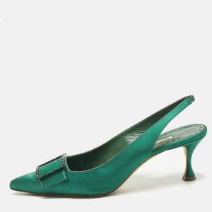 Pre Owned Manolo Blahnik Dolores Size 40 Green Satin Slingback Pumps
