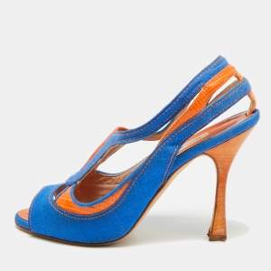 Pre Owned Manolo Blahnik Size 37 Orange/Blue Lizard, Fabric and Leather Open Toe Slingback Sandals