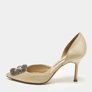 Pre Owned Manolo Blahnik Hangisi Size 37.5 Beige Satin D'orsay Pumps