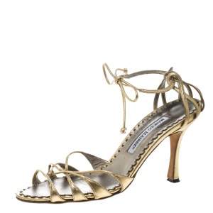 Pre Owned Manolo Blahnik Metallic Gold Leather Strappy Ankle Wrap Sandals Size 38