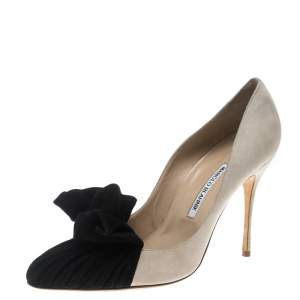 Pre Owned Manolo Blahnik Beige and Black Suede Arleti Frill Detail Pumps Size 41