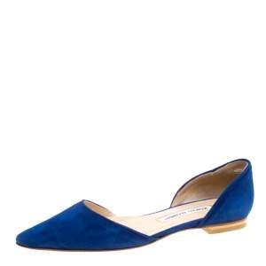 Pre Owned Manolo Blahnik Cobalt Blue Suede Soussaba D'Orsay Flats Size 35.5
