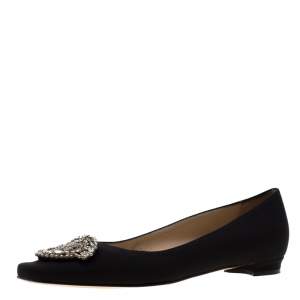 Pre Owned Manolo Blahnik Black Satin Crystal Embellished Ballet Flats Size 39