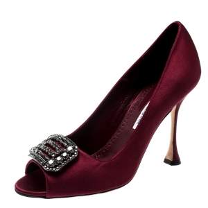 Pre Owned Manolo Blahnik Burgundy Satin Matik Crystal Embellished Peep Toe Pumps Size 38.5