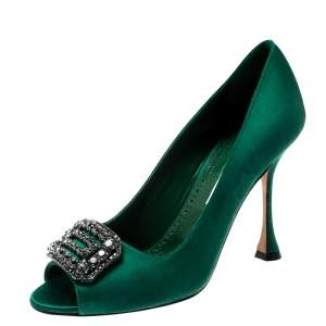 Pre Owned Manolo Blahnik Green Satin Crystal Embellished Peep Toe Pumps Size 38.5