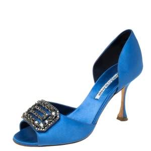 Manolo Blahnik Blue Satin Alicia Embellished Peep Toe Sandals Size 37