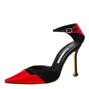 Pre Owned Manolo Blahnik Red/Black Satin Kobra Pointed Toe Ankle Strap Pumps Size 40.5