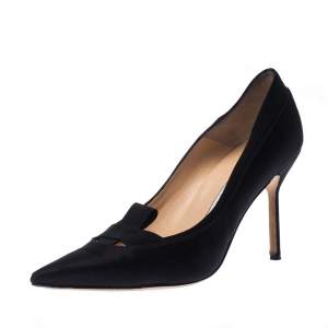 Pre Owned Manolo Blahnik Black Satin Cross Pointed Toe Pumps Size 38