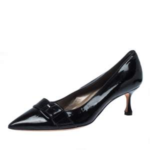Manolo Blahnik Black Patent Leather Buckle Pointed Toe Pumps Size 38