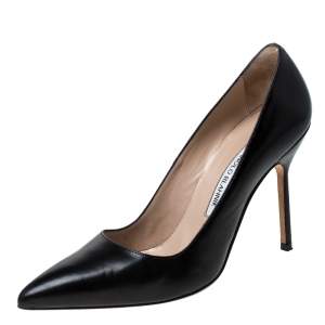 Pre Owned Manolo Blahnik Black Leather BB Pointed Toe Pumps Size 37