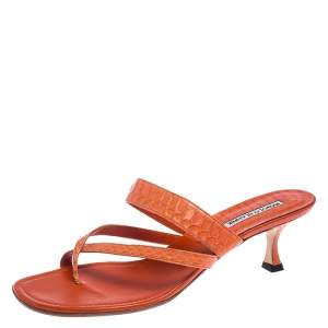 Manolo Blahnik Orange Python Susa Thong Kitten Heel Sandals Size 40
