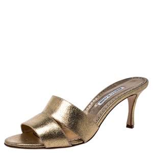 Manolo Blahnik Metallic Gold Leather Open Sandals Size 42
