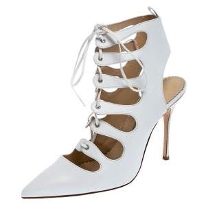 Manolo Blahnik White Leather Latta Cut Out Lace Up Pointed Toe Sandals Size 39