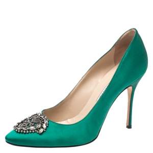 Pre Owned Manolo Blahnik Green Satin Okkaava Emerald Pumps Size 40