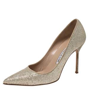 Pre Owned Manolo Blahnik Gold Glitter BB Pointed Toe Pumps Size 39.5