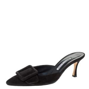 Pre Owned Manolo Blahnik Black Suede Leather Maysale Pointed Toe Mule Sandals Size 37.5