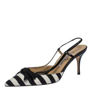 Pre Owned Manolo Blahnik Black/White Stripe Canvas and Leather Galop Halter Sandals Size 41