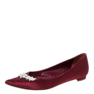 Pre Owned Manolo Blahnik Burgundy Satin Lurum Embellished Ballet Flats Size 38.5