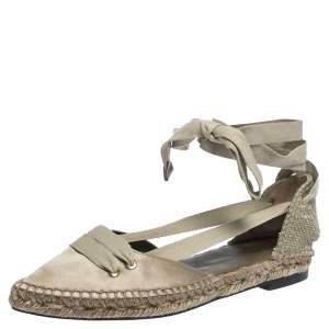 Castaner By Manolo Blahnik Grey Satin And Canvas  Espadrille Pointed Toe Ankle Tie Flat Sandals Size 37