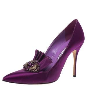 Pre Owned Manolo Blahnik Purple Satin Crystal Embellished Frill Detail Pumps Size 38
