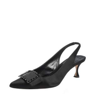 Manolo Blahnik Black Satin Dolores Pointed Toe Slingback Sandals Size 39.5