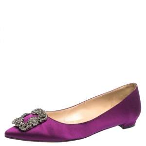 Pre Owned Manolo Blahnik Purple Satin Hangisi Crystal Embellished Ballet Flats Size 39