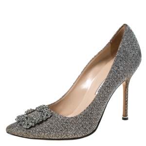 Pre Owned Manolo Blahnik Silver Glitter Fabric Hangisi Crystal Embellished Pumps Size 39.5
