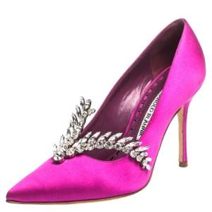 Pre Owned Manolo Blahnik Magenta Satin Jewel Embellished Shufti Pumps Size 37.5
