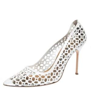 Pre Owned Manolo Blahnik White Laser Cut Leather BB Laserato Pumps Size 39.5
