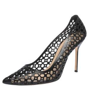 Pre Owned Manolo Blahnik Black Laser Cut Leather Pointed Toe Pumps Size 39.5