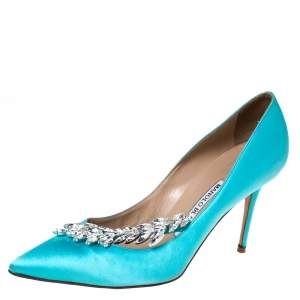 Pre Owned Manolo Blahnik Blue Satin Nadira Crystal Embellished Pointed Toe Pumps Size 36.5