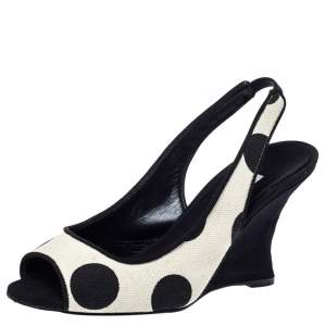 Manolo Blahnik Black/White Canvas Wedge Slingback Sandals Size 38