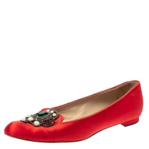Pre Owned Manolo Blahnik Red Satin Eufrasia Ballet Flat Size 37.5