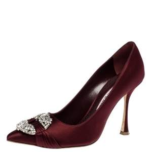 Pre Owned Manolo Blahnik Burgundy Satin Crystal Embellished Pointed Toe Pumps Size 38