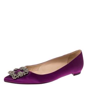 Pre Owned Manolo Blahnik Purple Satin Hangisi Crystal Embellished Ballet Flats Size 37.5