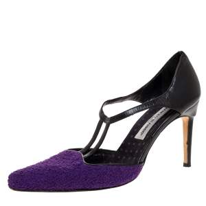 Pre Owned Manolo Blahnik Purple Tweed and Black Leather T-Bar Square Toe Pumps Size 39