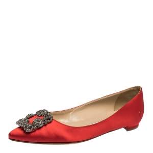 Pre Owned Manolo Blahnik Red Satin Hangisi Crystal Embellished Ballet Flats Size 38.5