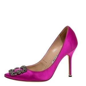 Pre Owned Manolo Blahnik Fuschia Satin Hangisi Crystal Embellished Pumps Size 38.5